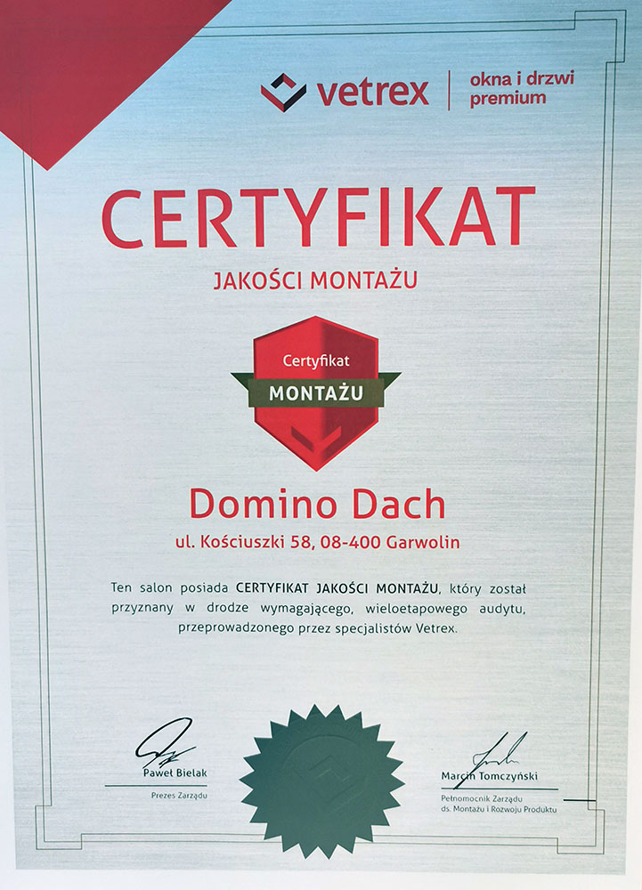 Certyfikat DominoDach - pokrycia dachowe, dachy Garwolin, Mińsk Mazowiecki